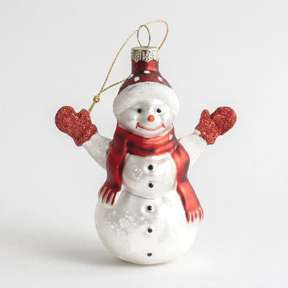 Hand-painted glass snowman ornament with red scarf and mittens