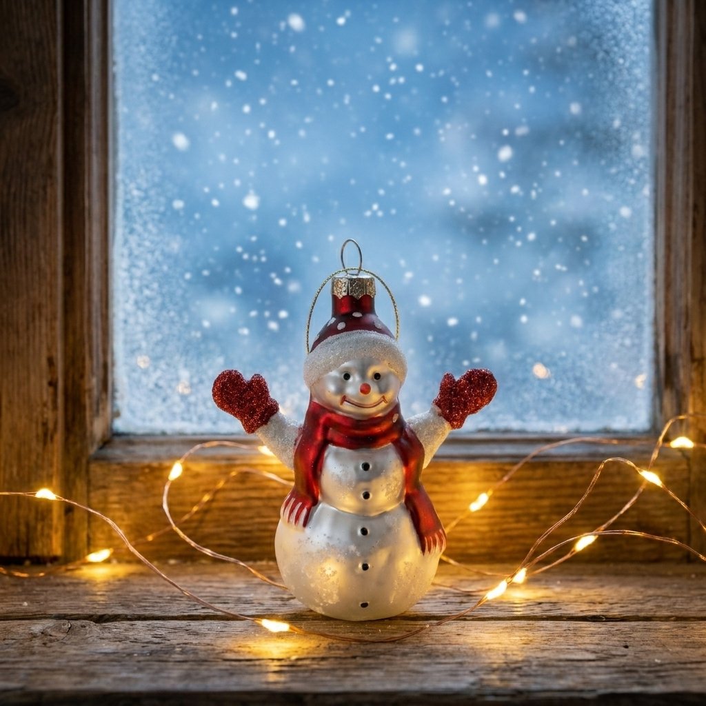 Glass snowman ornament on windowsill with string lights, snow outside