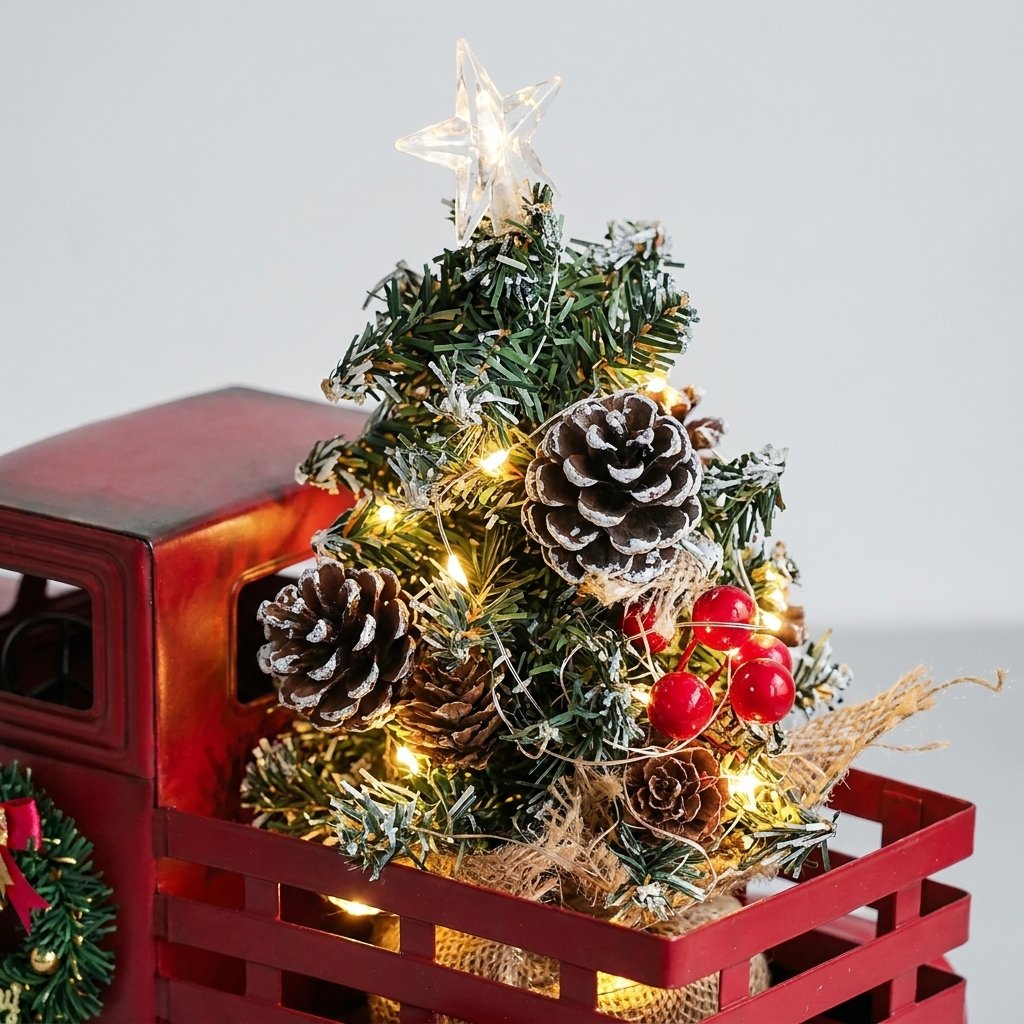 Close-up of lit pine tree topper with pinecones and berries in truck bed