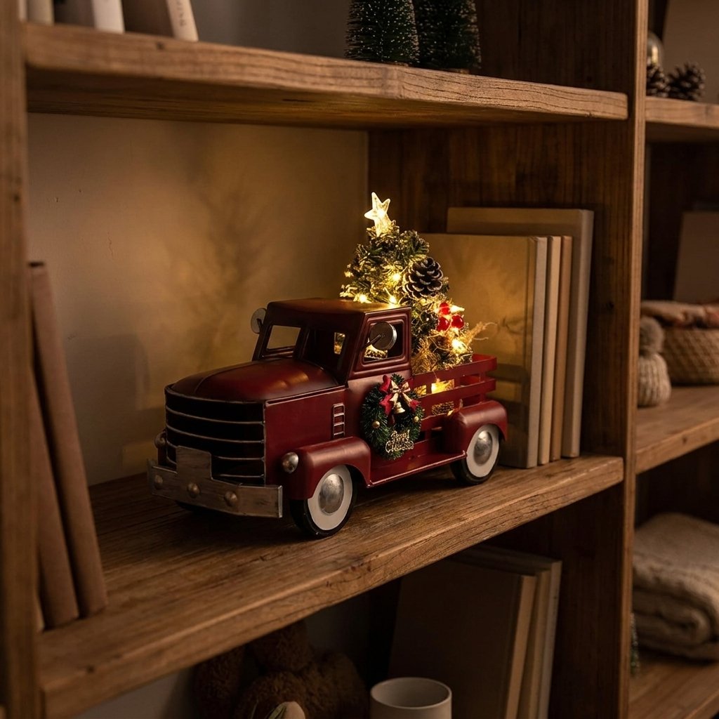Red metal Christmas truck ornament with lit tree, displayed on bookshelf