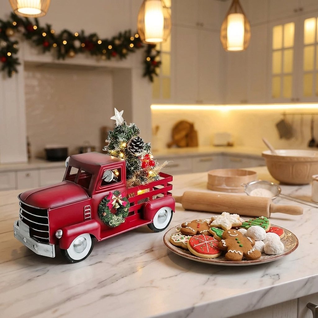 Christmas truck ornament on kitchen counter next to decorated cookies