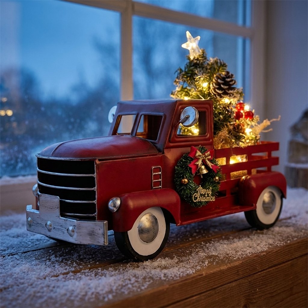 Christmas truck ornament on a snow-dusted windowsill at night