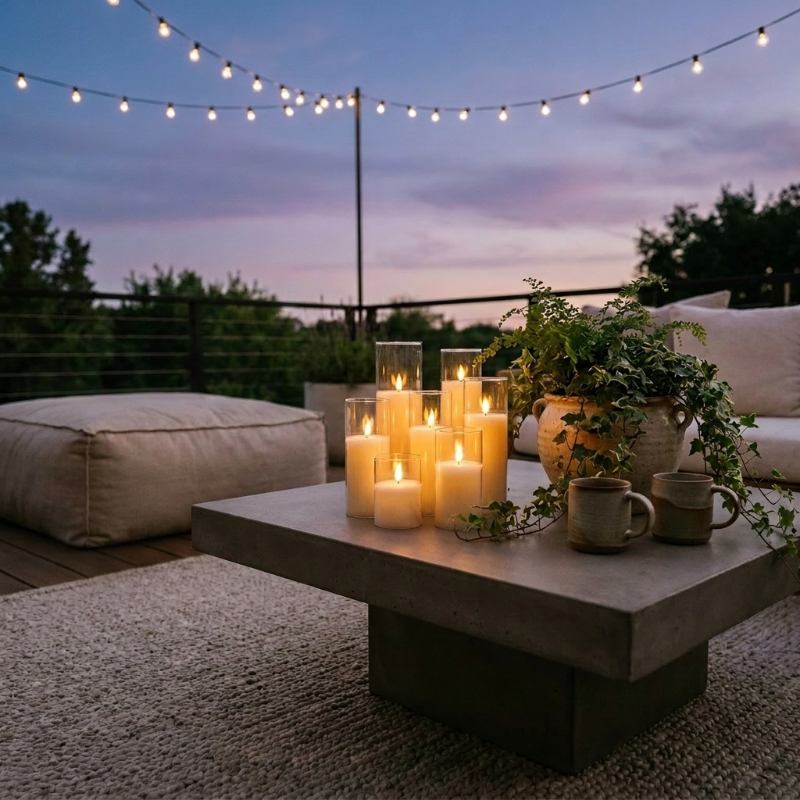 Clear ivory flameless pillar candles set of 9 on outdoor coffee table at dusk