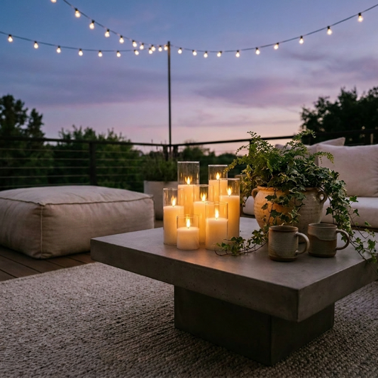 Clear ivory flameless pillar candles set of 9 on outdoor coffee table at dusk