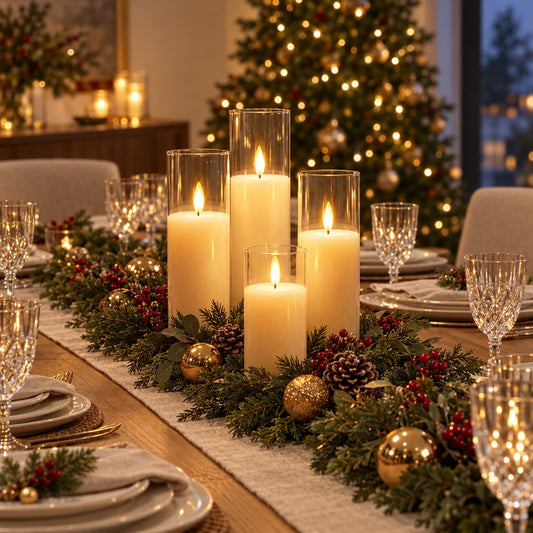 A festive Christmas table setting with tall white pillar candles in clear glass holders, a green garland with pinecones and red berries, and a blurred decorated Christmas tree in the background.