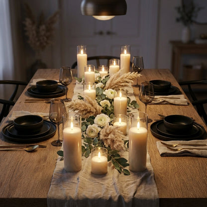 Clear ivory flameless pillar candles arranged on dining table in elegant setting