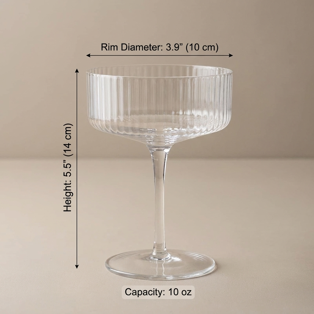 Clear ribbed cocktail coupe glass dimensions diagram showing rim diameter 3.9 in / 10 cm, height 5.5 in / 14 cm, and 10 oz capacity