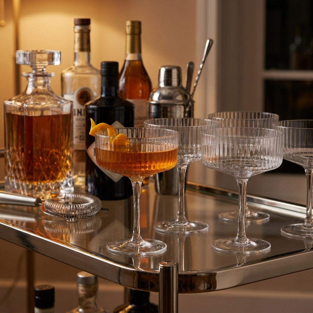 Clear ribbed coupe cocktail glasses styled on a bar cart with spirits and a shaker