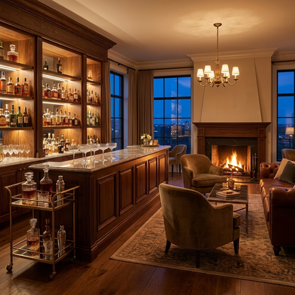Clear ribbed coupe cocktail glasses in an elegant home bar room with a fireplace