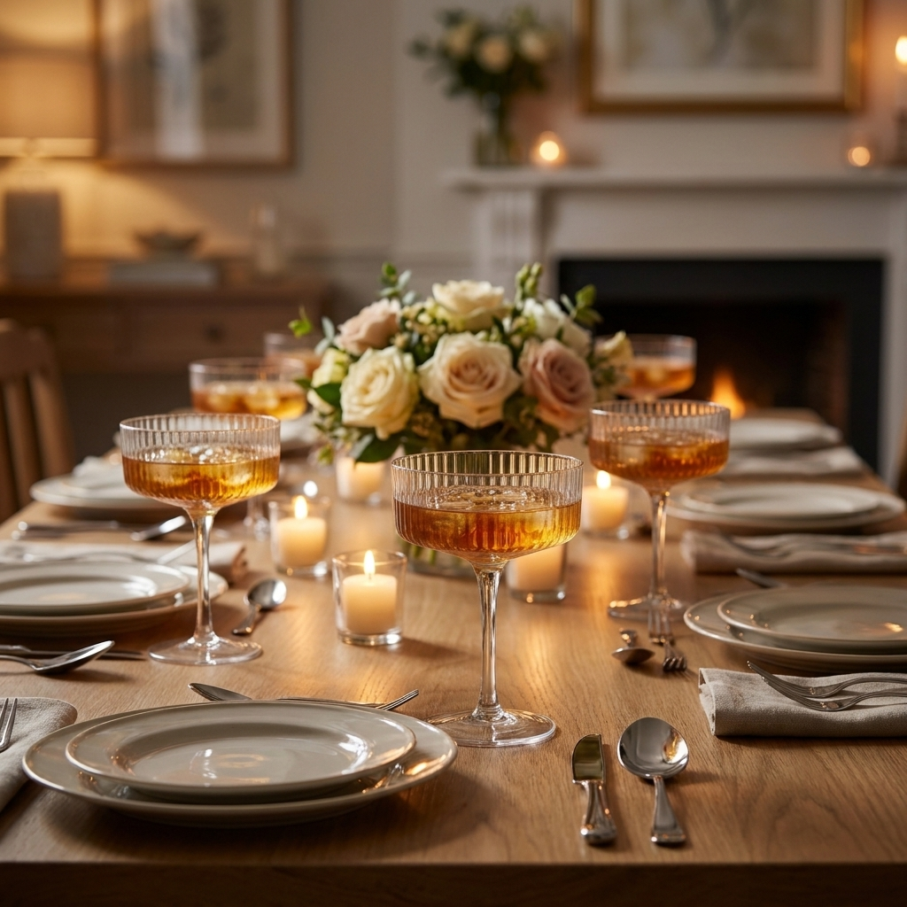 Clear ribbed coupe cocktail glasses on a set dining table with florals and candles