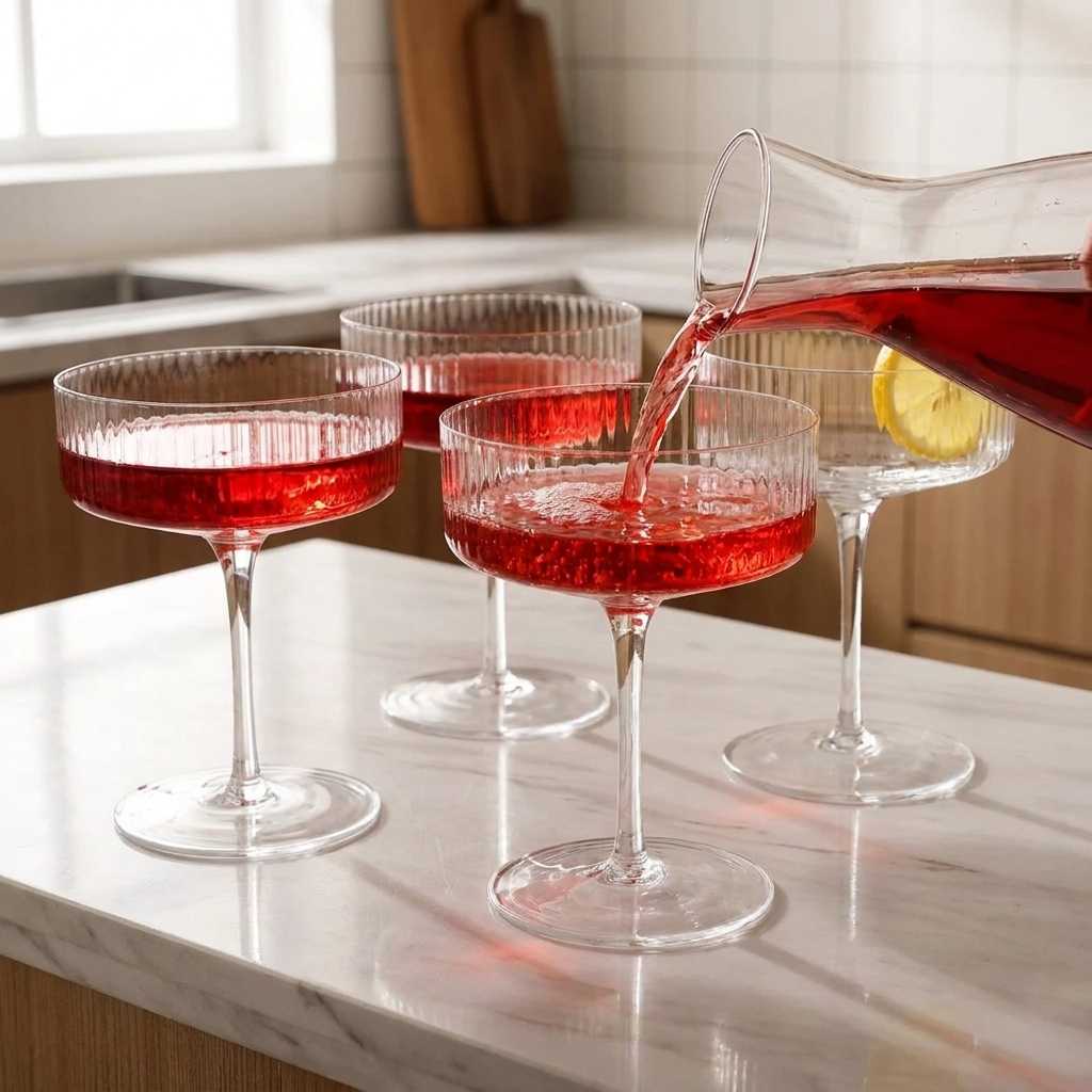 Clear ribbed coupe cocktail glasses on a kitchen counter with a red cocktail being poured