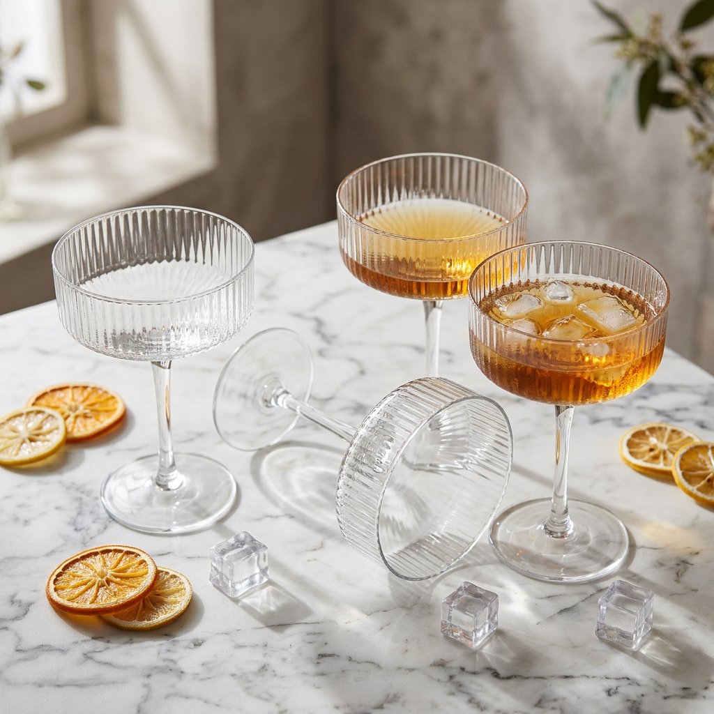 Clear ribbed coupe cocktail glasses with cocktails on a marble surface with citrus and ice