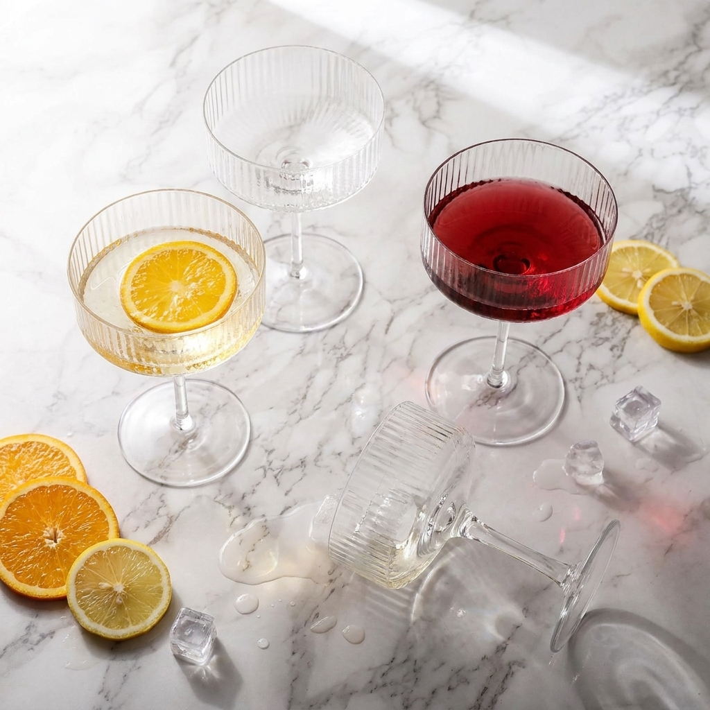Clear ribbed coupe cocktail glasses in a marble flat lay with orange and lemon slices