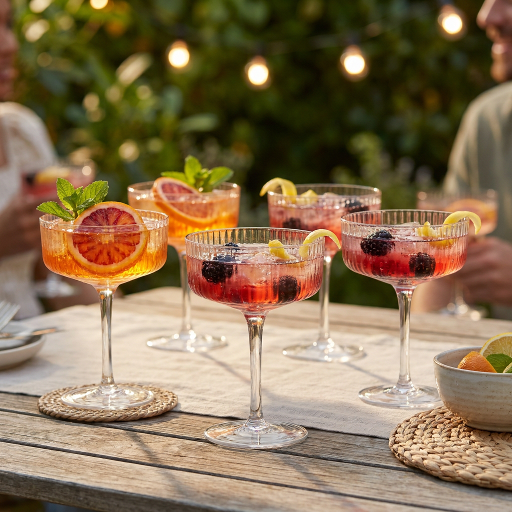 Clear ribbed coupe cocktail glasses filled with colorful cocktails at an outdoor party