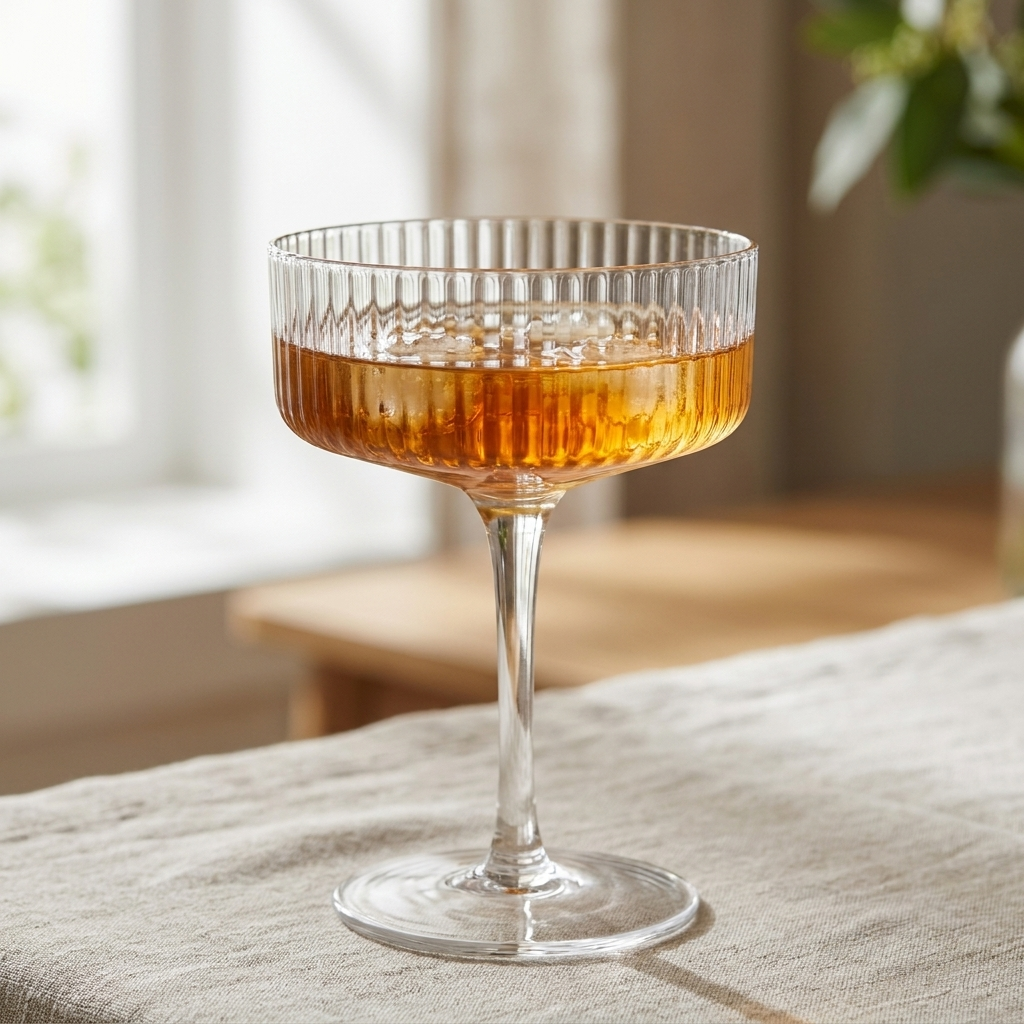 Clear ribbed coupe cocktail glass with an amber cocktail on a sunlit windowsill
