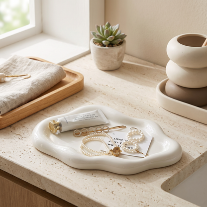 White cloud jewelry tray on a counter holding jewelry
