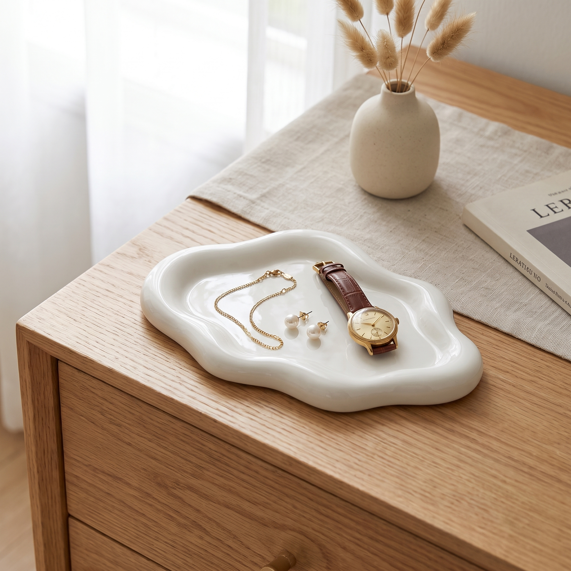 White cloud jewelry tray on a desk holding jewelry