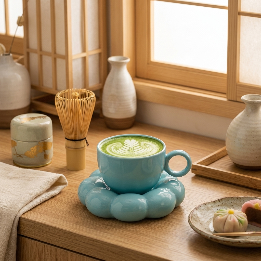 Blue cloud saucer coffee mug with matcha latte on a sunny windowsill, Kiyo Home