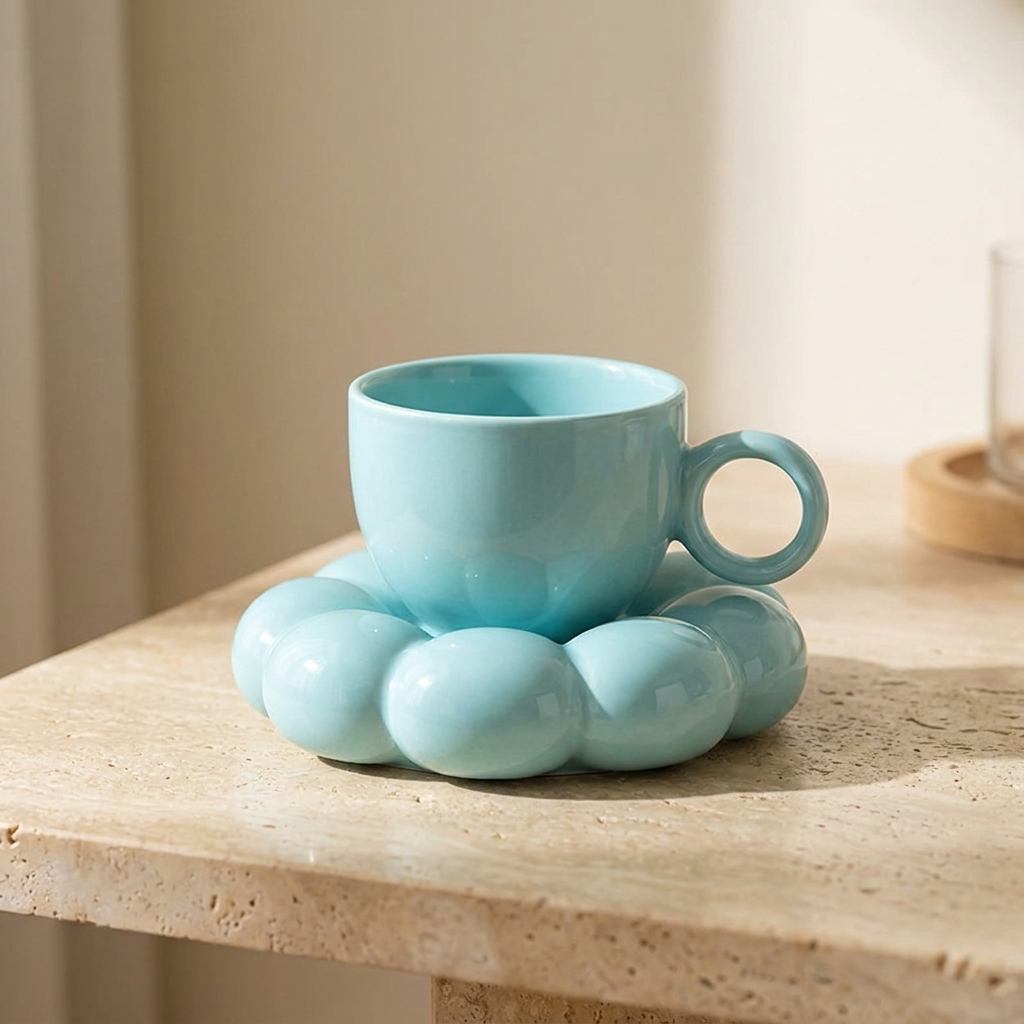 Blue cloud saucer coffee mug styled on a stone table, Kiyo Home