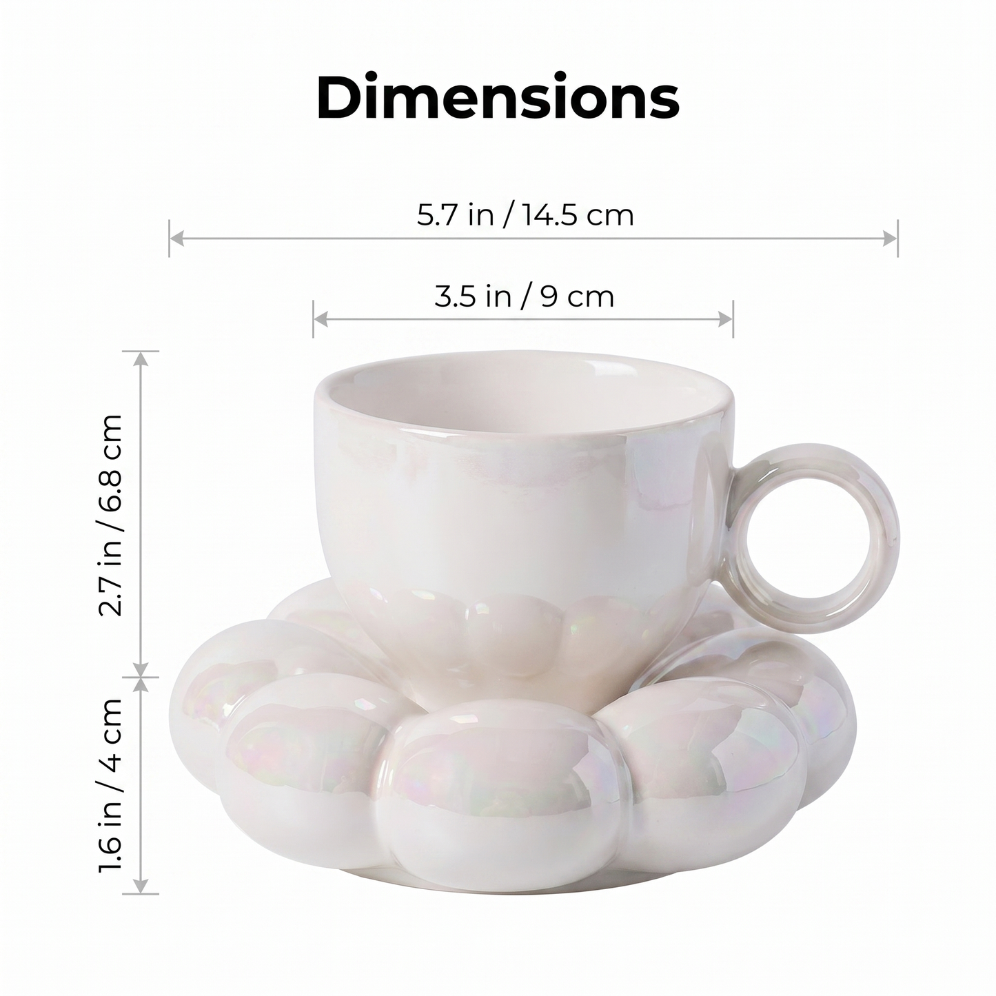 Cloud saucer coffee mug dimensions, saucer 14.5 cm, cup 9 cm diameter and 6.8 cm high, Kiyo Home
