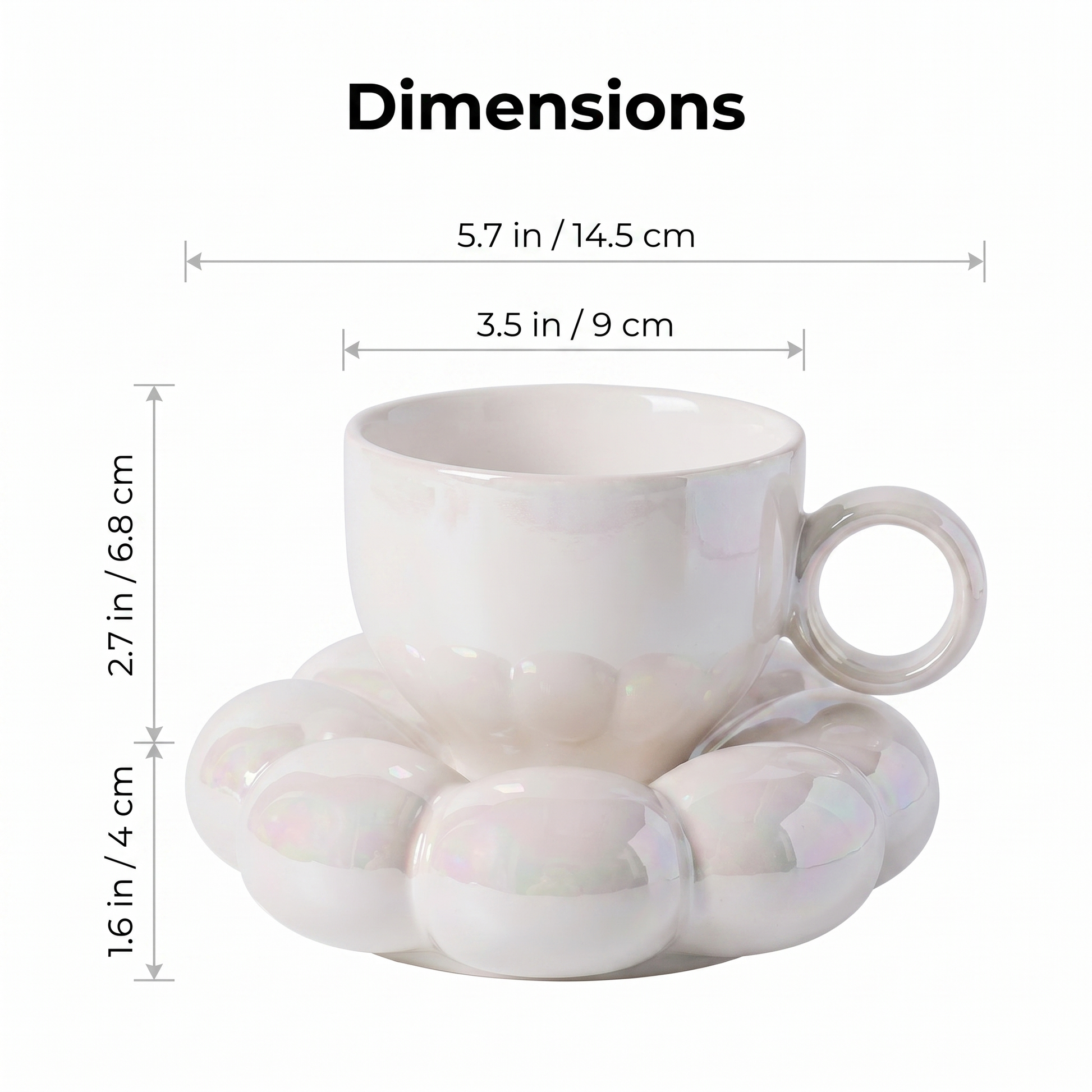 Cloud saucer coffee mug dimensions, saucer 14.5 cm, cup 9 cm diameter and 6.8 cm high, Kiyo Home