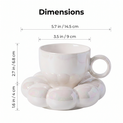 Cloud saucer coffee mug dimensions, saucer 14.5 cm, cup 9 cm diameter and 6.8 cm high, Kiyo Home