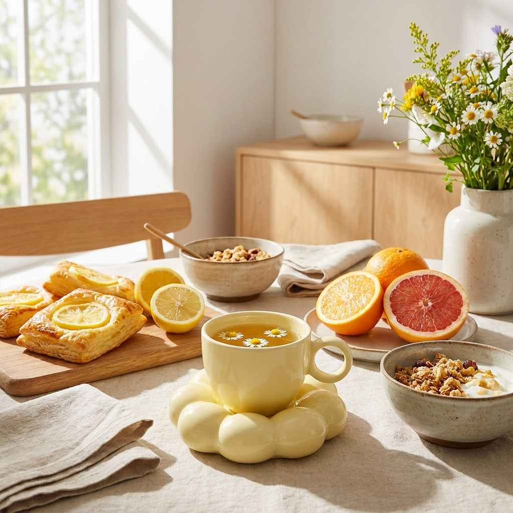 Cloud saucer coffee mugs on a bright breakfast table spread, Kiyo Home