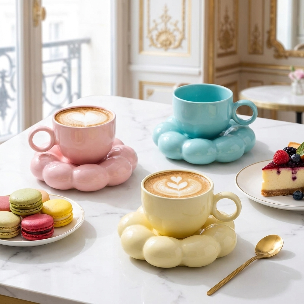 Pink, blue and yellow cloud saucer coffee mugs with cappuccinos and macarons, Kiyo Home
