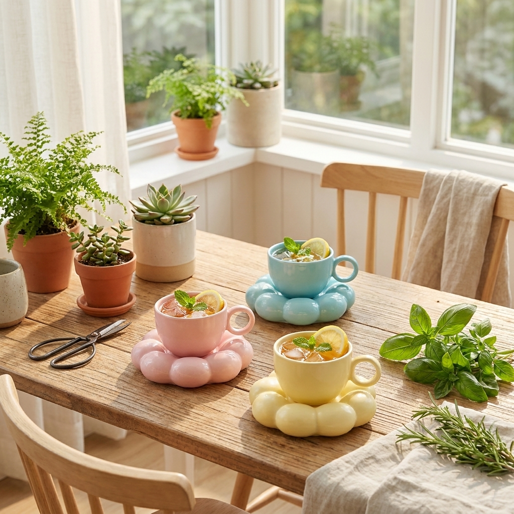 Blue, pink and yellow cloud saucer coffee mugs on a dining table with plants, Kiyo Home