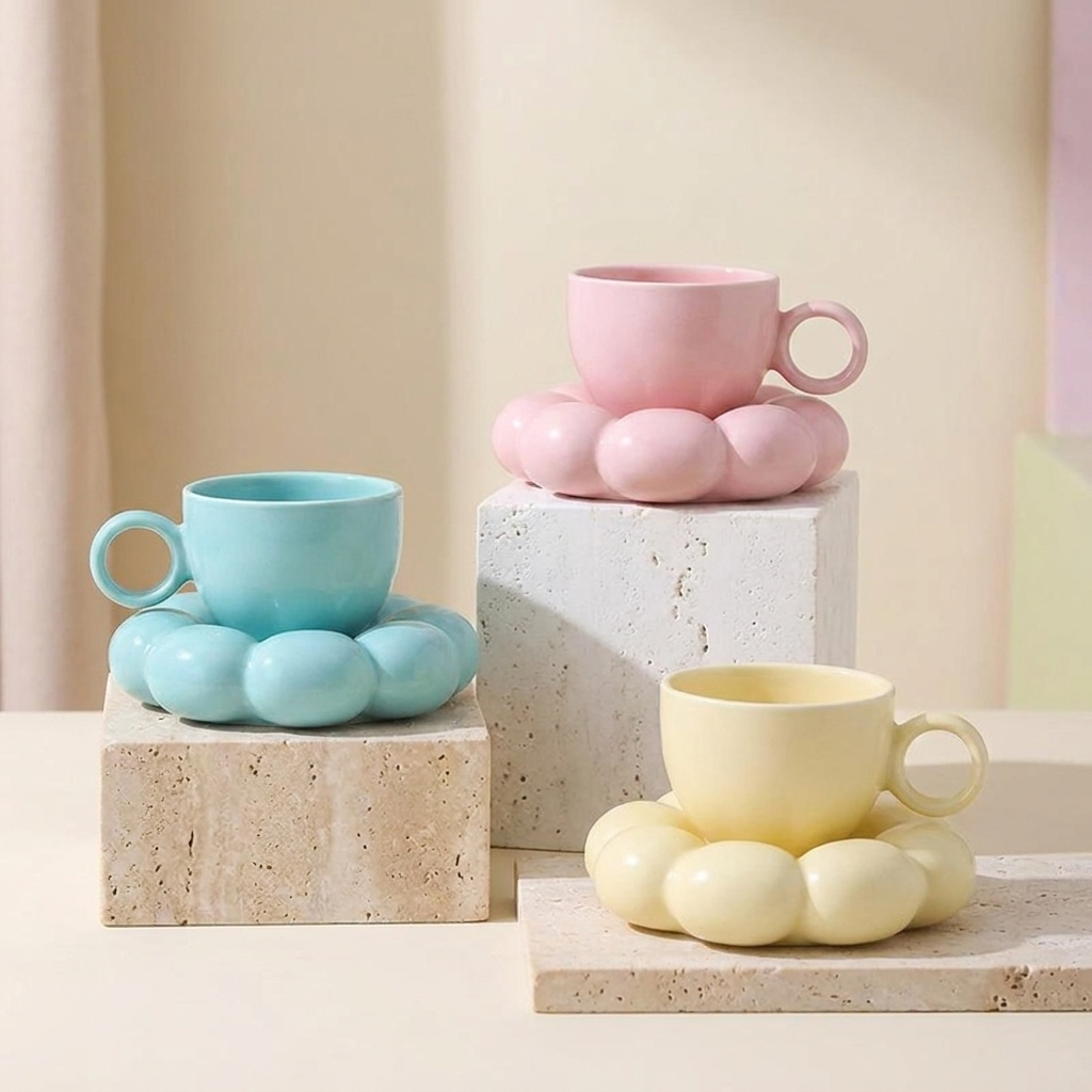 Blue, pink and yellow cloud saucer coffee mugs displayed on pedestals, Kiyo Home