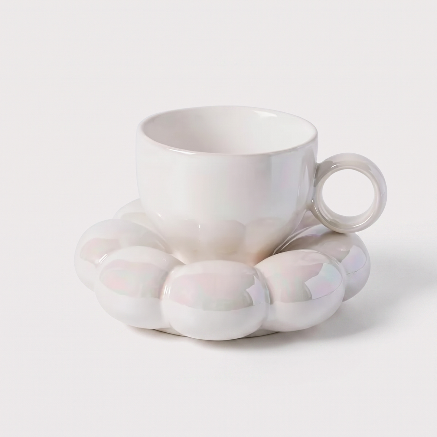 Pearl-white ceramic coffee mug on a cloud-shaped saucer, Kiyo Home cloud saucer mug set