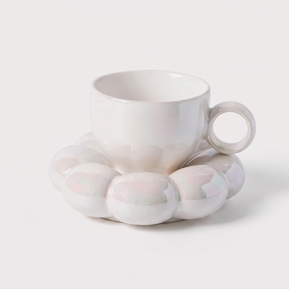 Pearl-white ceramic coffee mug on a cloud-shaped saucer, Kiyo Home cloud saucer mug set