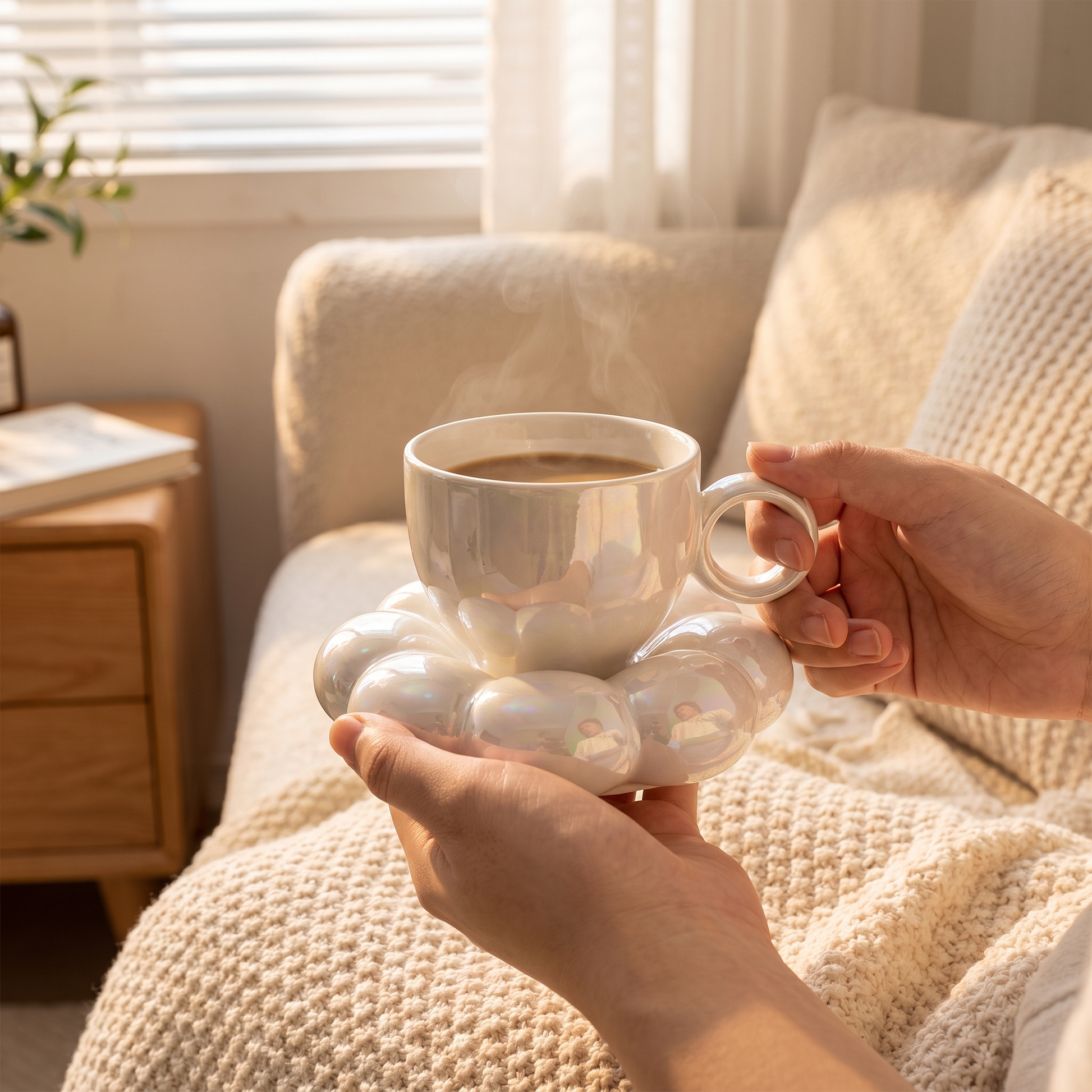 Pearl-white cloud saucer coffee mug held on a cozy sofa, Kiyo Home