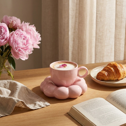 Pink cloud saucer coffee mug with a croissant at brunch, Kiyo Home