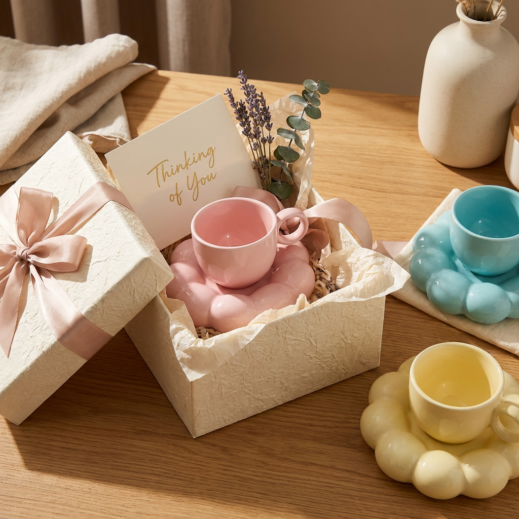Pink cloud saucer coffee mug presented in a gift box, Kiyo Home