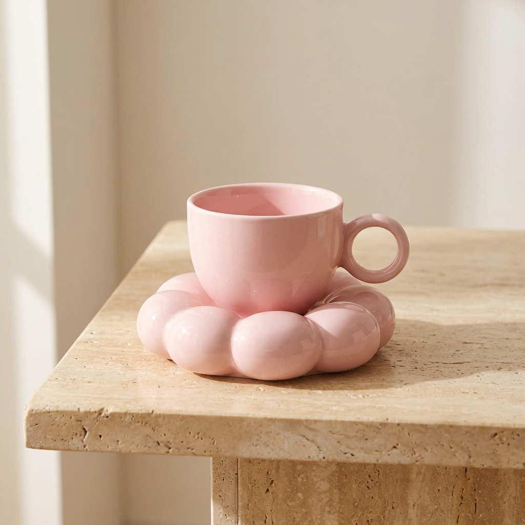 Pink cloud saucer coffee mug on a wooden table, Kiyo Home
