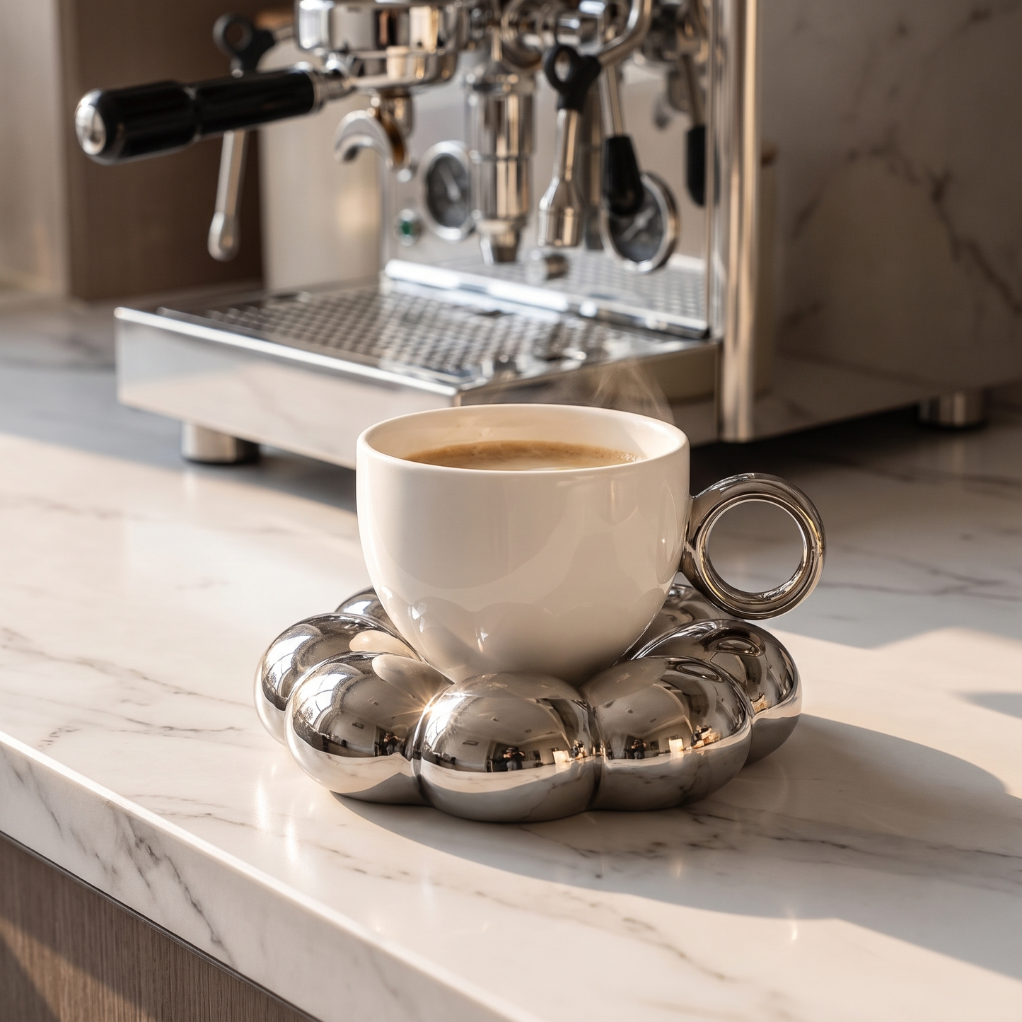 Silver cloud saucer coffee mug on a marble counter by an espresso machine, Kiyo Home