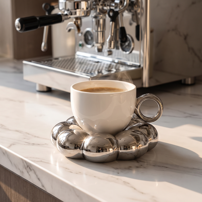 Silver cloud saucer coffee mug on a marble counter by an espresso machine, Kiyo Home
