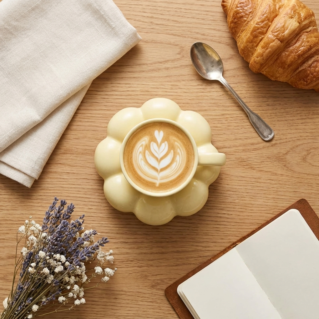 Yellow cloud saucer coffee mug with latte art, overhead flat lay, Kiyo Home