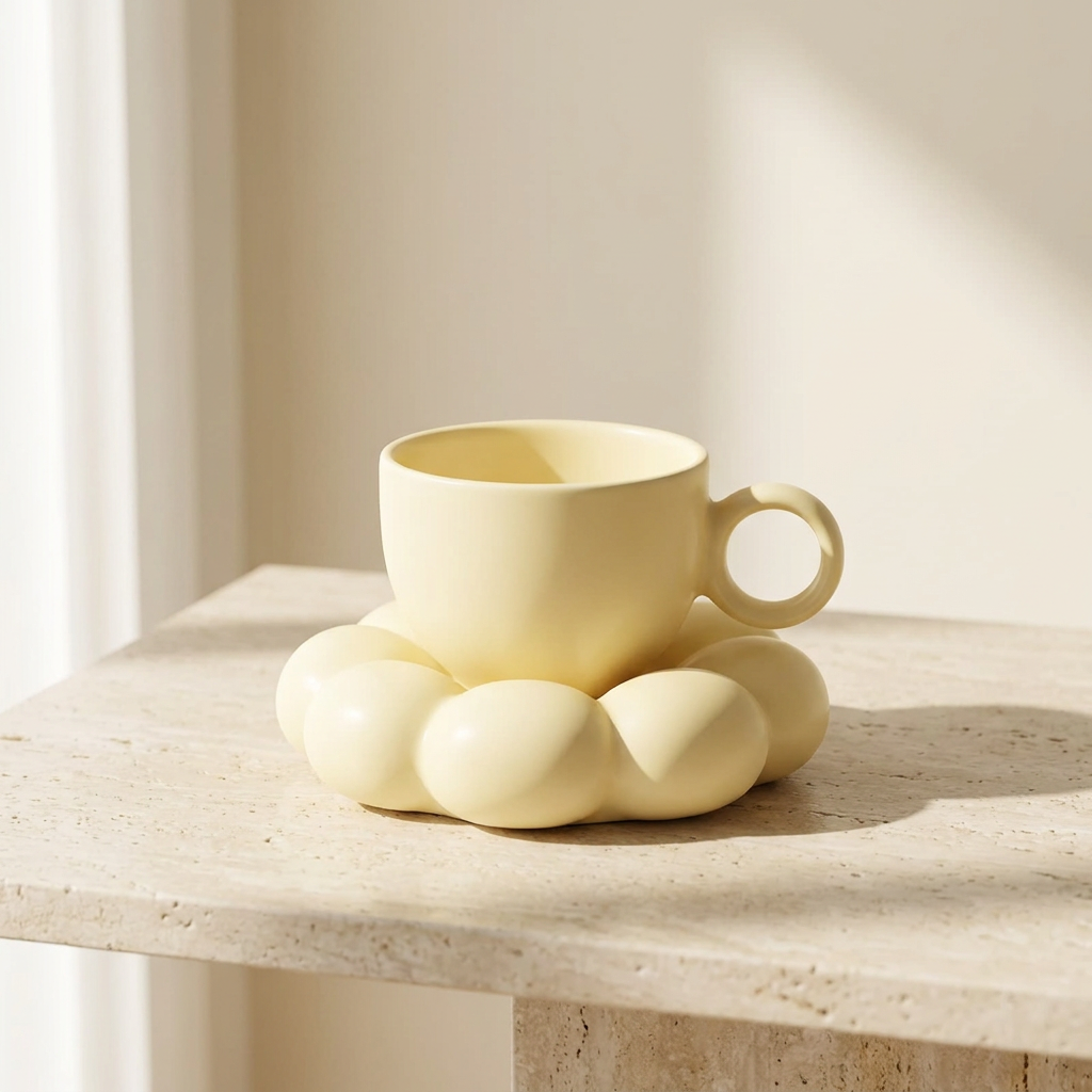 Yellow cloud saucer coffee mug styled on a stone table, Kiyo Home