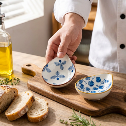 Coastal ceramic dip dishes set of 4 beside sliced bread and olive oil