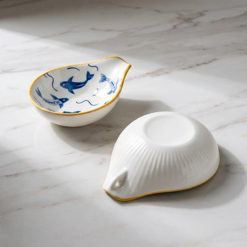 Two white ceramic bowls with blue fish designs on a marble surface