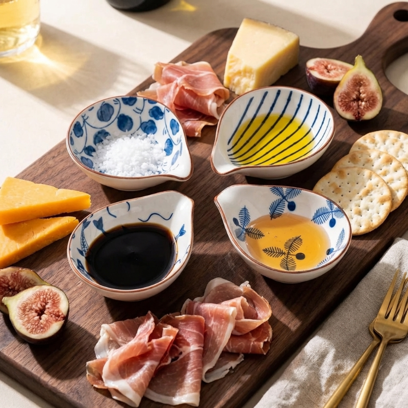 Coastal ceramic dip dishes with charcuterie board and sauces