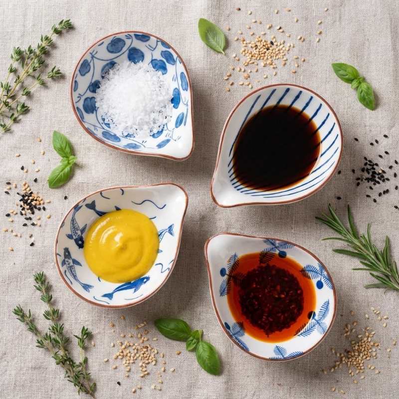 Coastal ceramic dip dishes with soy sauce and lemon slices