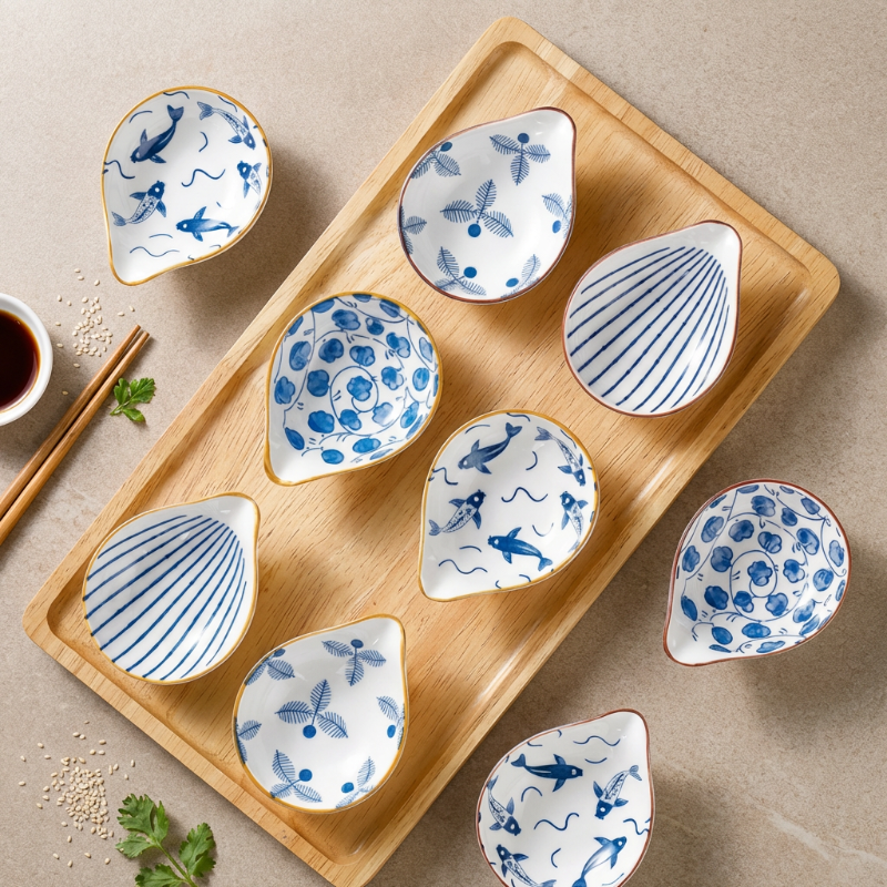 Coastal ceramic dip dishes set of 4 on wooden tray