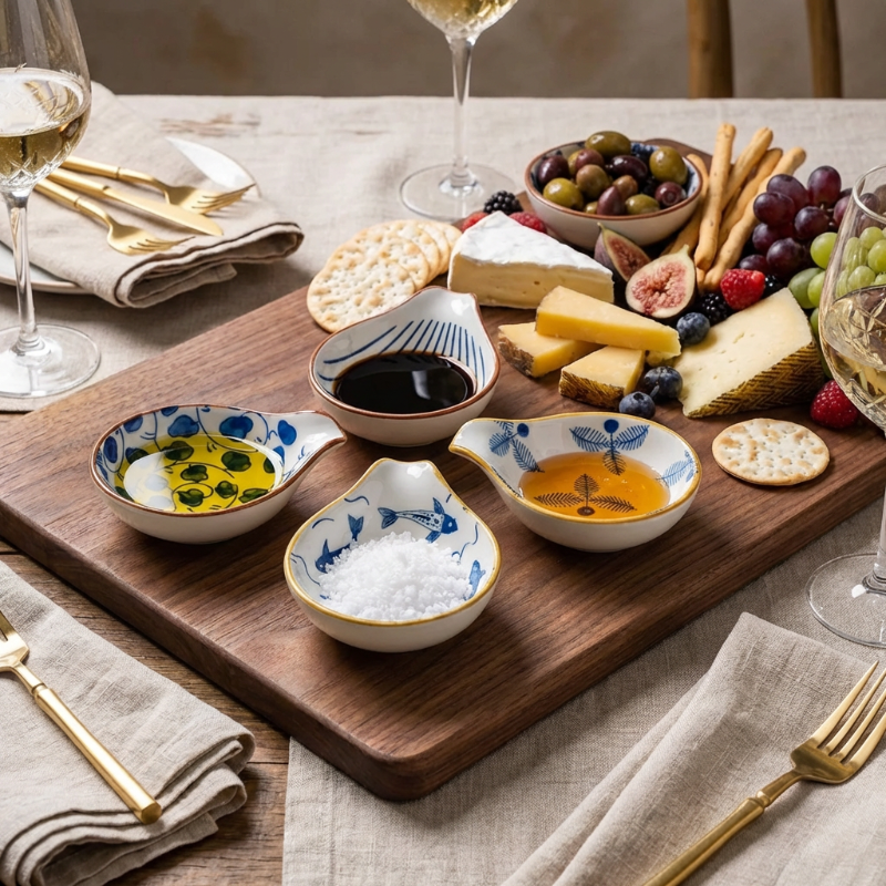 Coastal ceramic dip dishes set of 4 styled on dining table