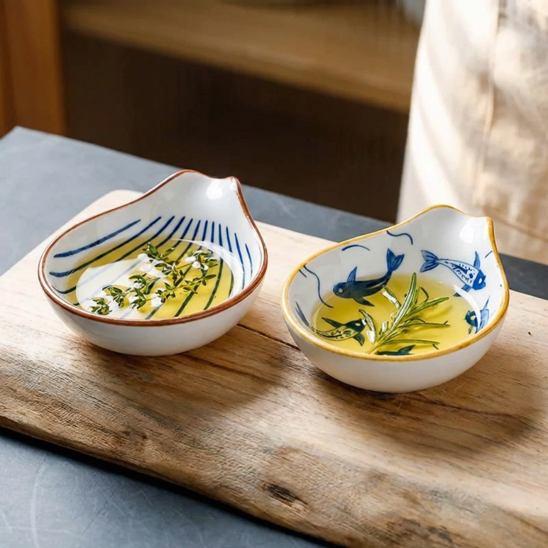 Coastal ceramic dip dishes with snacks on wooden board