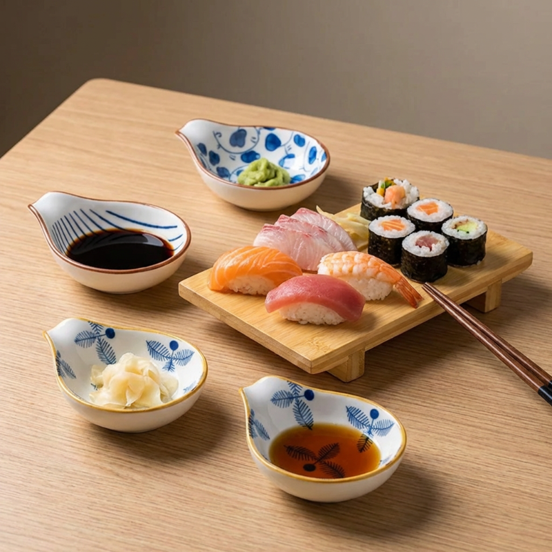 Coastal ceramic dip dishes with sushi and dipping sauces