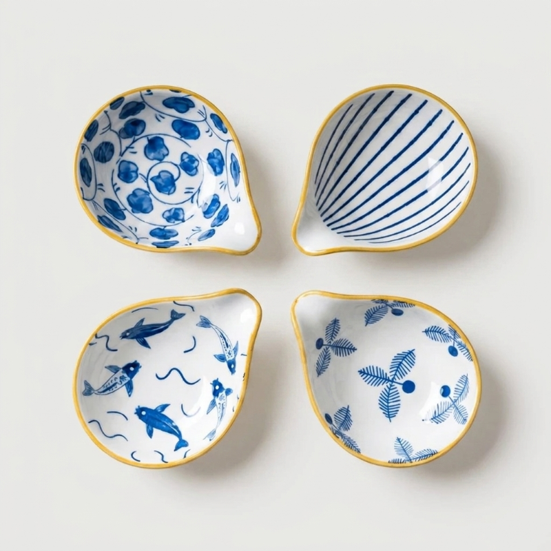 Coastal ceramic dip dishes set of 4 on white background in fan layout