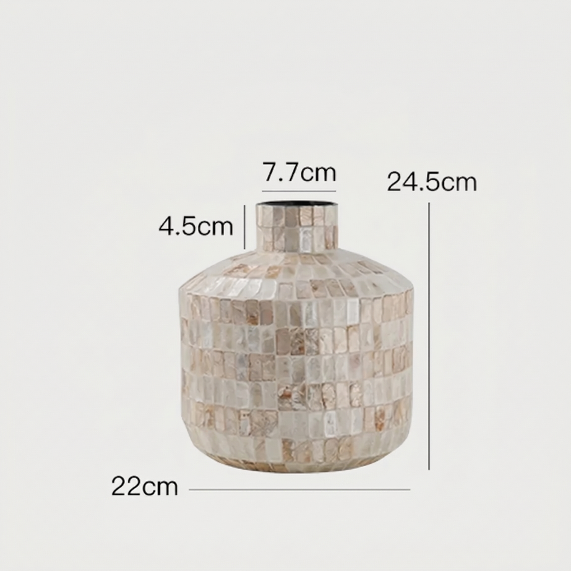 Coastal shell mosaic vase dimensions graphic on white background